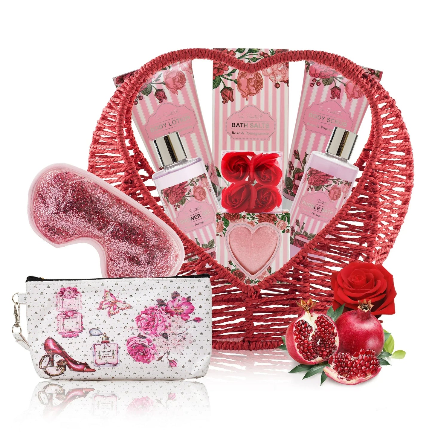 Her in Rose Pomegranate |14Pc At Home Spa Kit w. Body Lotion, Bath Bomb, Bubble Bath, Eye Mask, Pouch more
