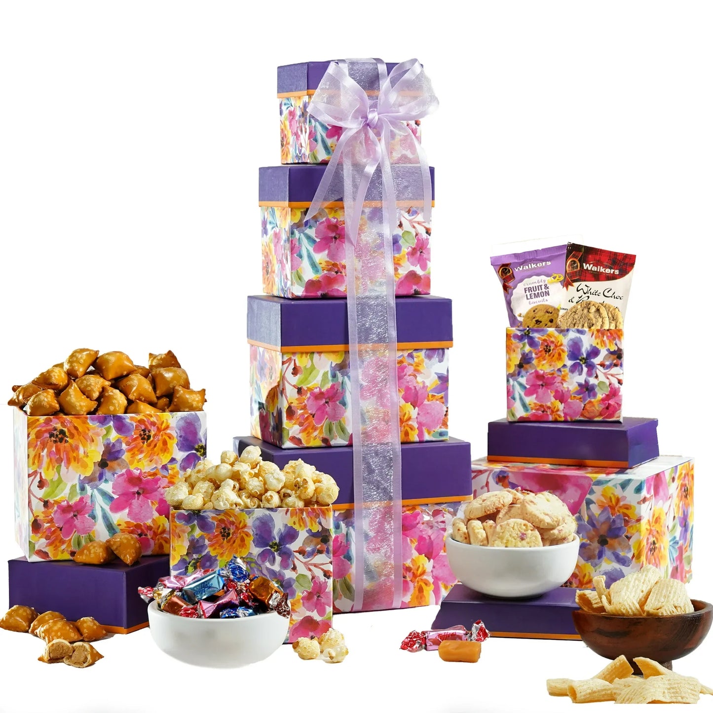 Broadway Basketeers 4 Box Chocolate Food Gift Basket Tower Snack Gifts for Women