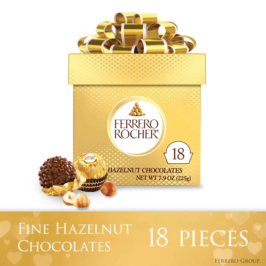 FERRERO ROCHER Fine Hazelnut Milk Chocolate Candy, 18 Piece Gift Cube, Premium Chocolate Sweet Treats, 7.9oz / 225g, Golden Wrappers