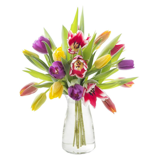 Bouquet of Fresh Rainbow of 10 Mixed Tulips in a Glass Vase, Next-Day Delivery