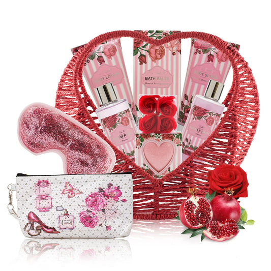 Her in Rose Pomegranate |14Pc At Home Spa Kit w. Body Lotion, Bath Bomb, Bubble Bath, Eye Mask, Pouch more