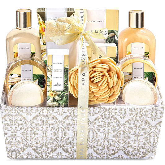 Spa Luxetique Gift Sets for Women Relaxing - 12 Pcs Vanilla Luxury Bath Baskets, Beauty Holiday Birthday Valentines Day Gifts for Her